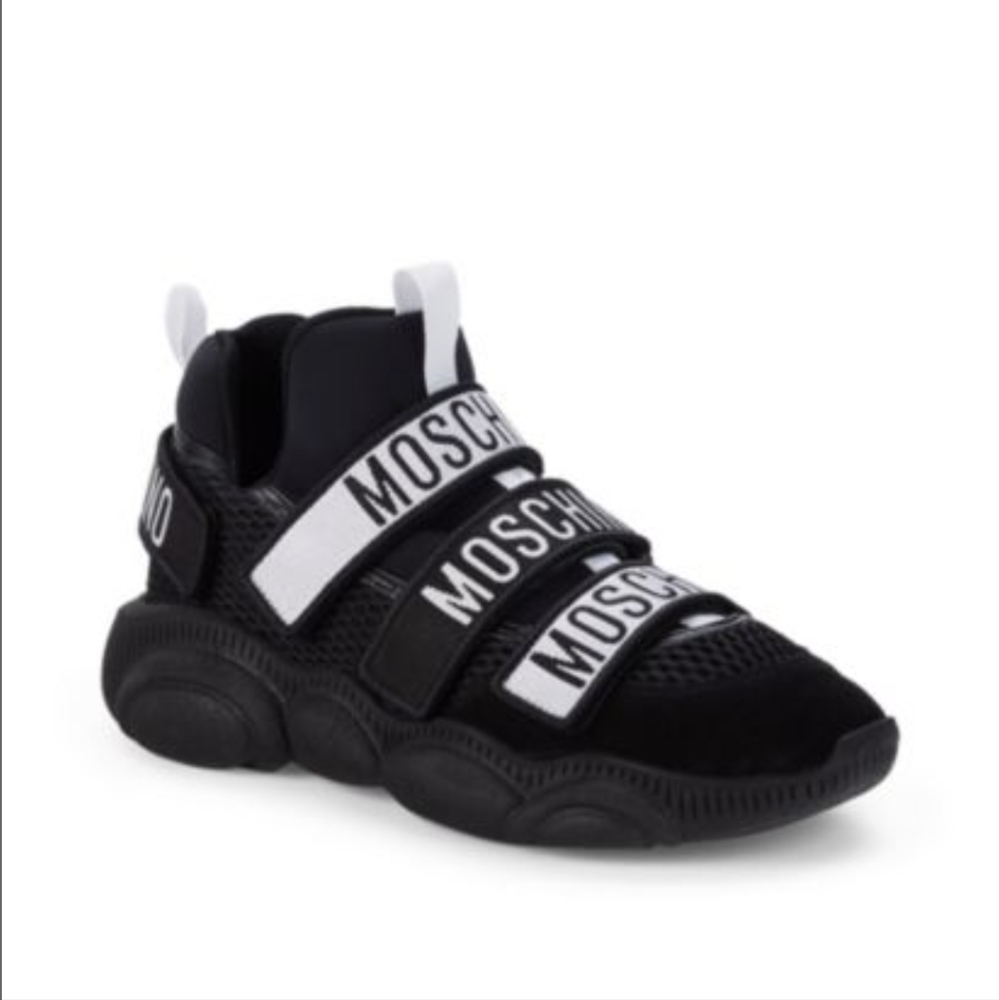 Moschino Logo Grip Tape Black Sneakers Velcro Strap Mens 41EU